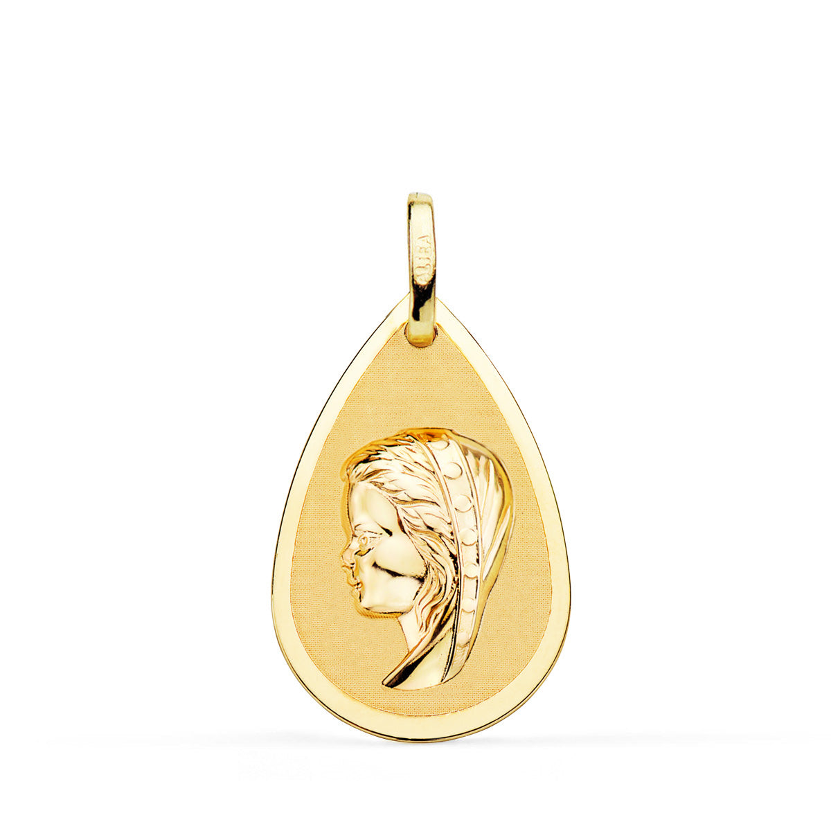 18K MEDALLA ORO AMARILLO VIRGEN NIÑA GOTA EN BRILLO Y MATE 23X15 MM