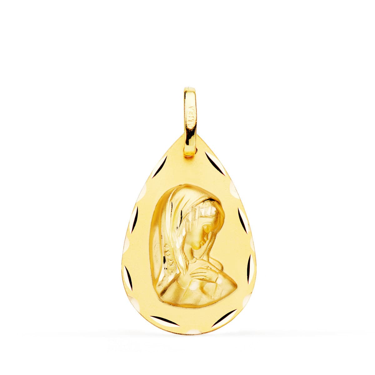 18K MEDALLA ORO AMARILLO VIRGEN NIÑA GOTA TALLA CLASICA 23X15 MM