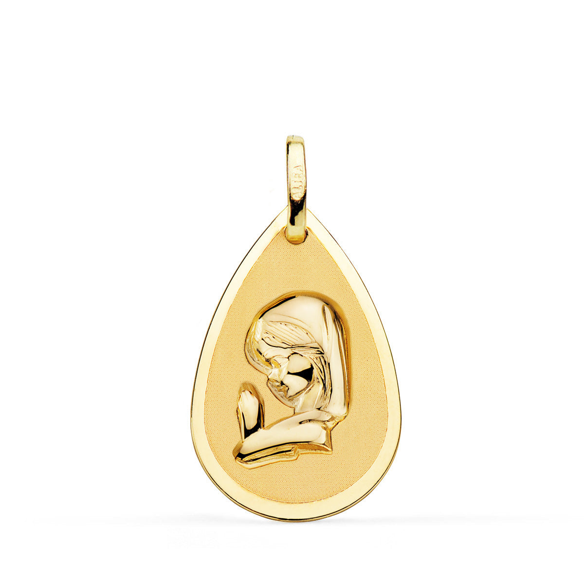 18K MEDALLA ORO AMARILLO VIRGEN NIÑA GOTA EN BRILLO Y MATE 23X15 MM