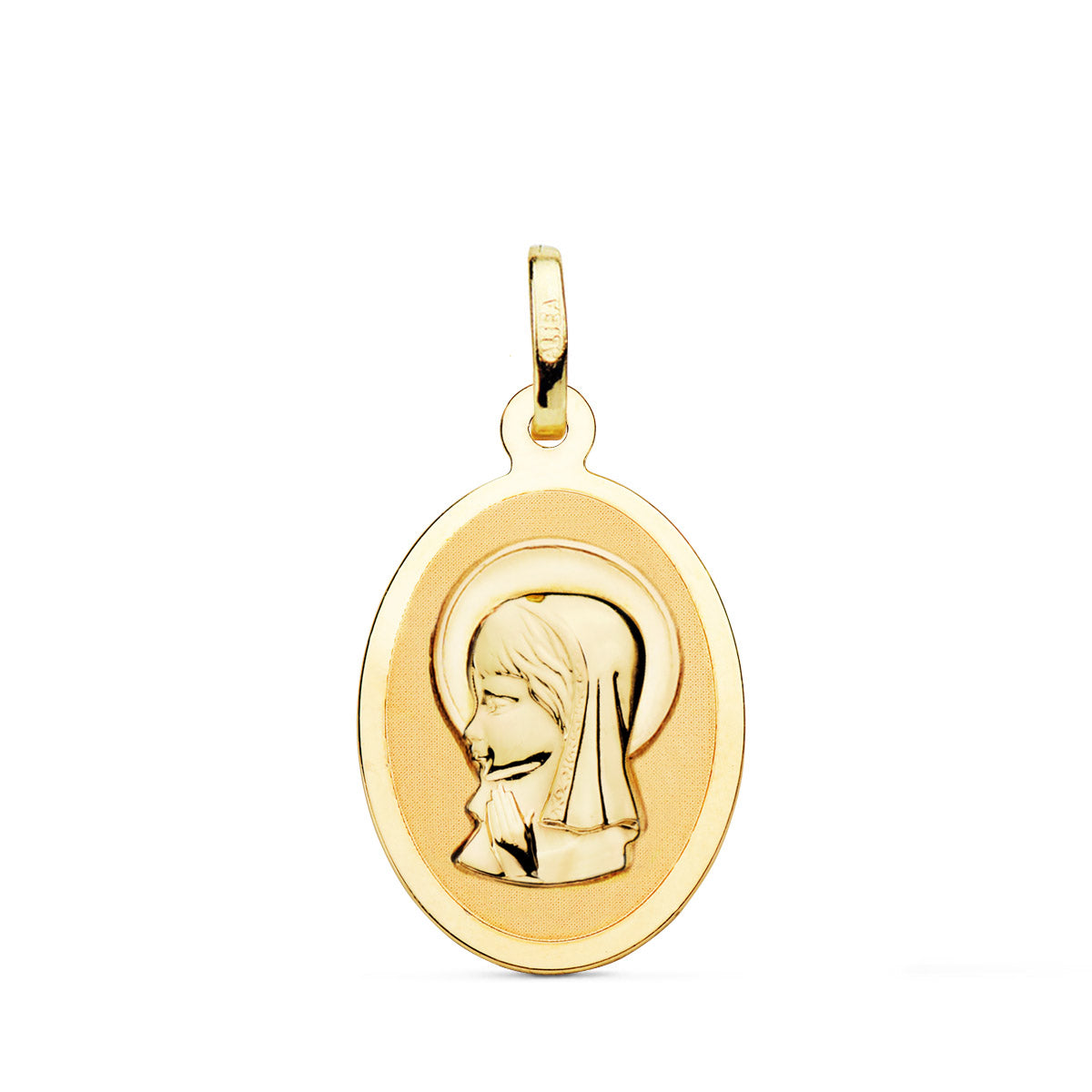 18K MEDALLA ORO AMARILLO VIRGEN NIÑA OVAL EN BRILLO 21X15 MM
