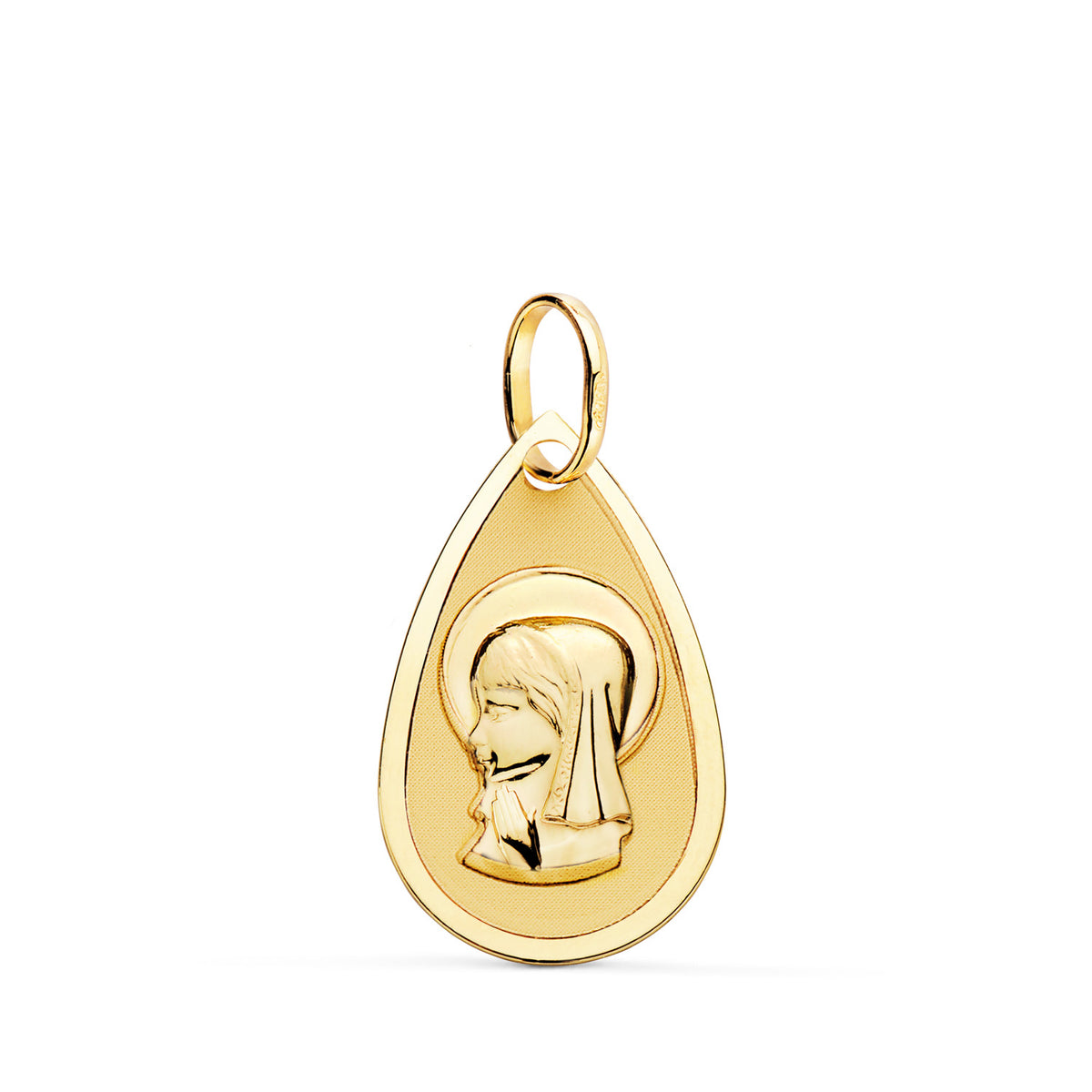 Medalla Virgen Niña Gota Tallada 19 x 11 mm de oro amarillo 18K