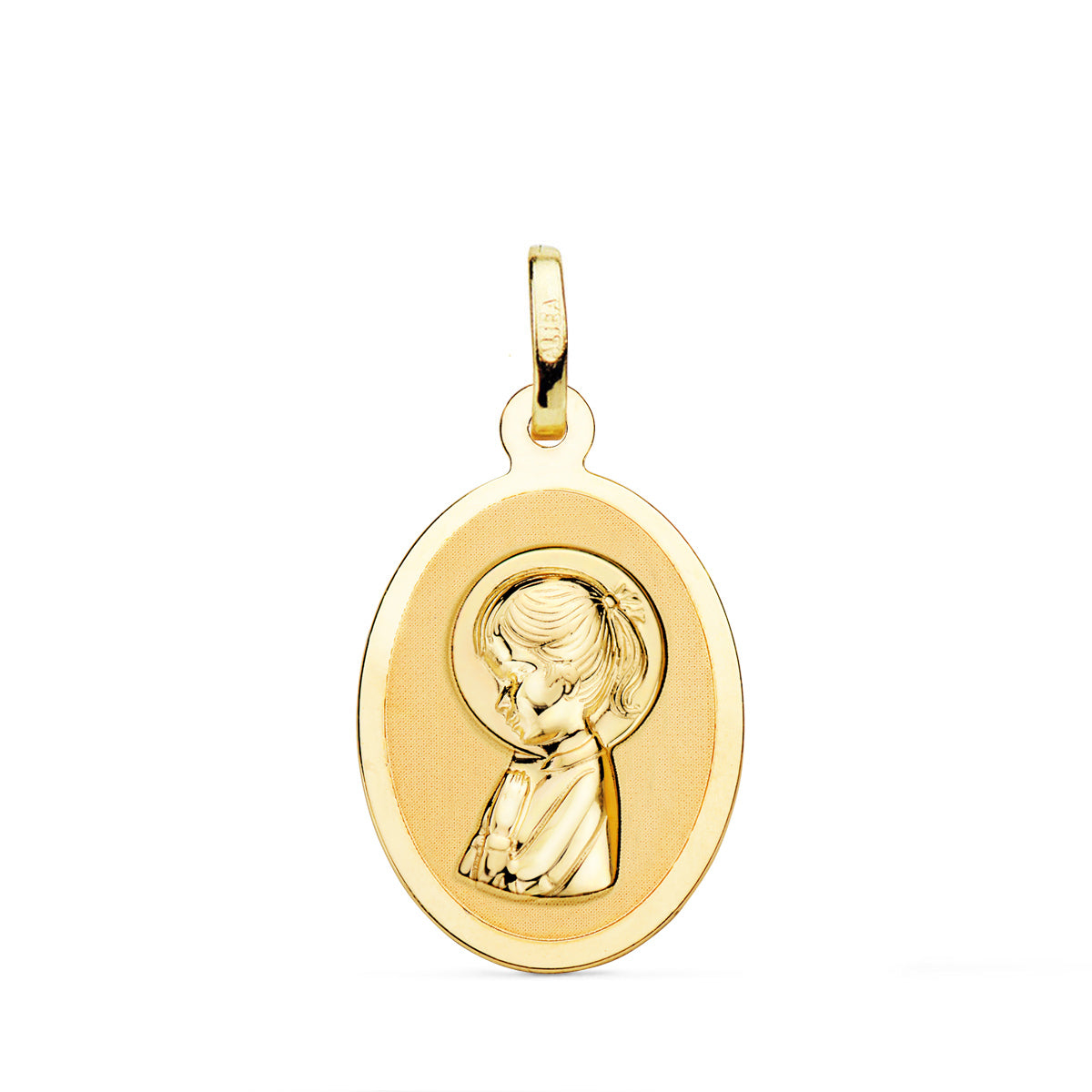 18K MEDALLA ORO AMARILLO VIRGEN NIÑA OVAL EN BRILLO 21X15 MM