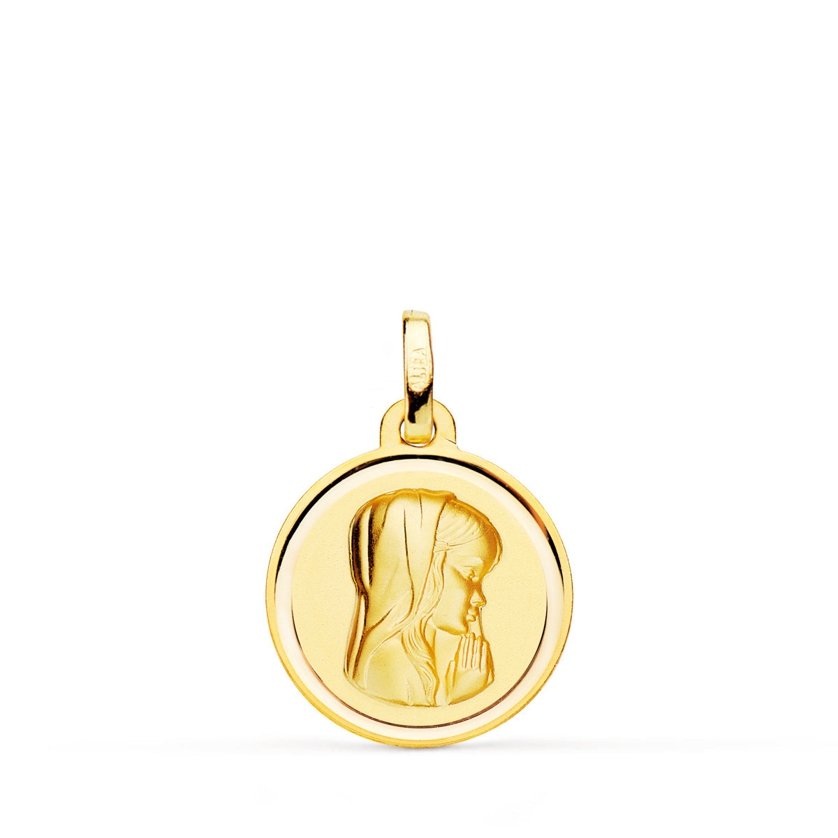 Medalla Virgen Niña Matizada con Bisel 16 mm de oro amarillo 18K