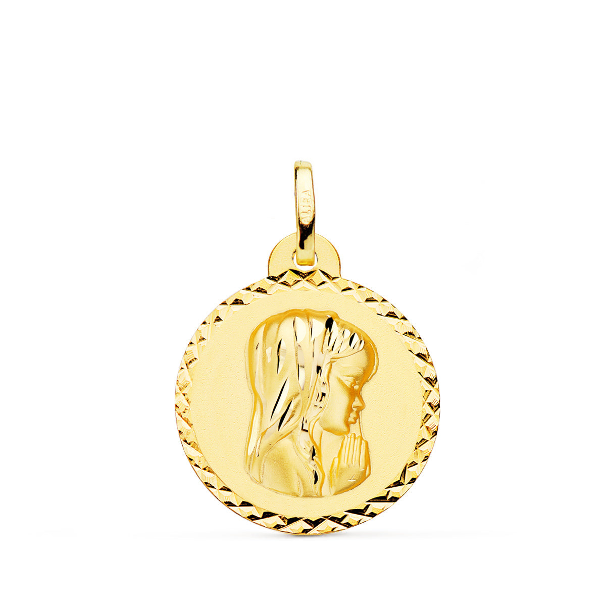 Medalla Virgen Niña Talla Cruzada 20 mm de oro amarillo 18K