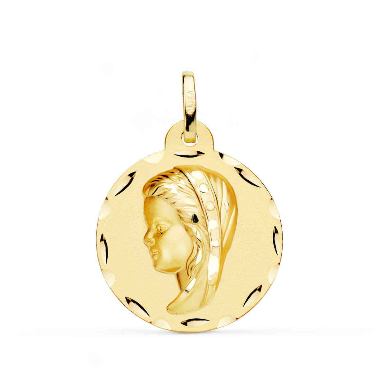 Medalla Virgen Niña Tallada 24 mm de oro amarillo 18K