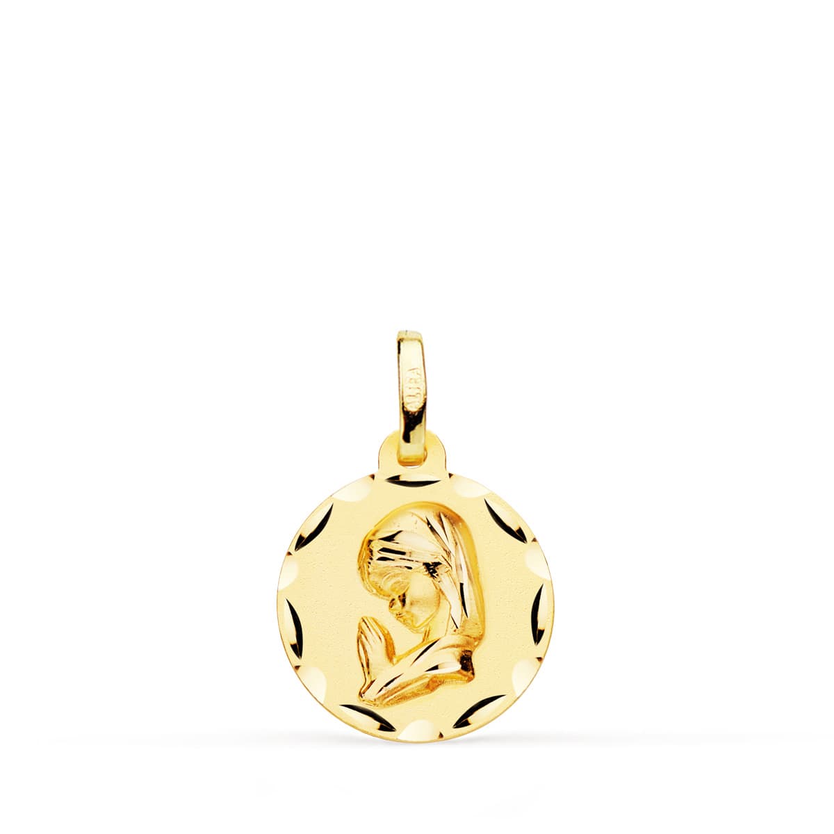 18K MEDALLA ORO AMARILLO VIRGEN NIÑA TALLADA 14 MM
