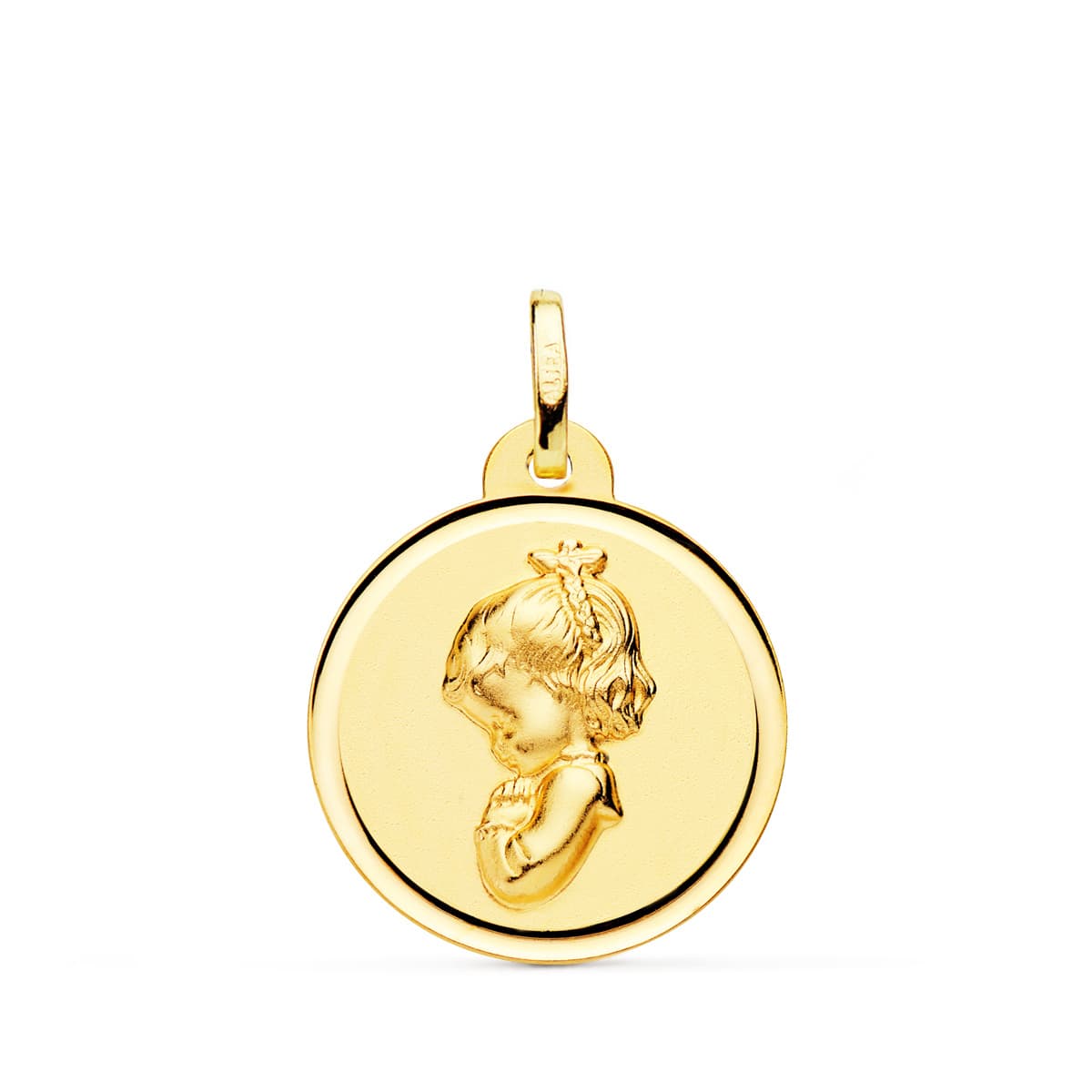 18K MEDALLA ORO AMARILLO VIRGEN NIÑA REZANDO BISEL 16 MM