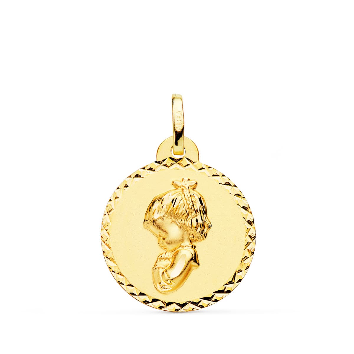 18K MEDALLA ORO AMARILLO VIRGEN NIÑA REZANDO TALLA CRUZADA 20 MM