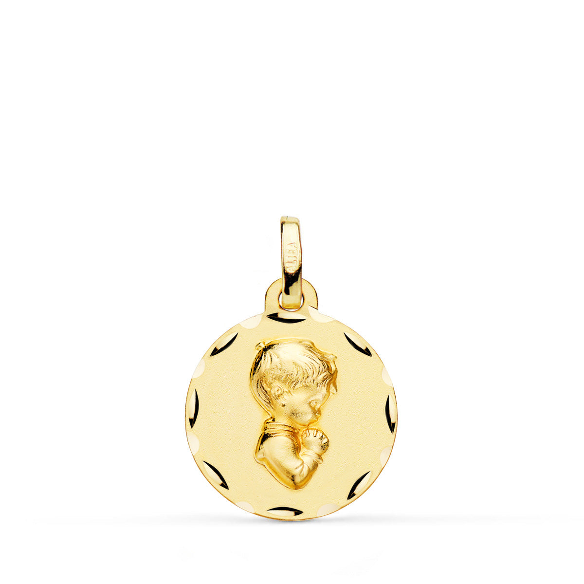 18K MEDALLA ORO AMARILLO NIÑO DE COMUNION PERFIL TALLADA 16 MM