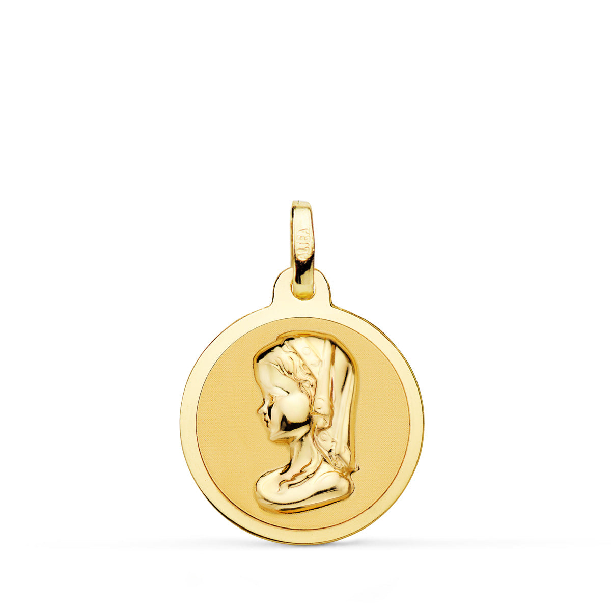 Medalla Virgen Rezando en Brillo 18 mm de oro amarillo 18K