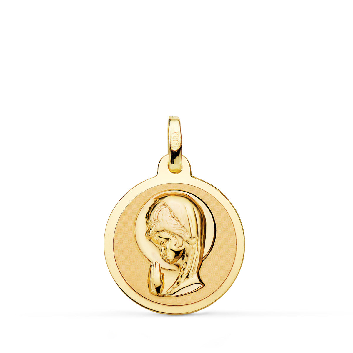 18K MEDALLA ORO AMARILLO VIRGEN NIÑA EN BRILLO 16 MM