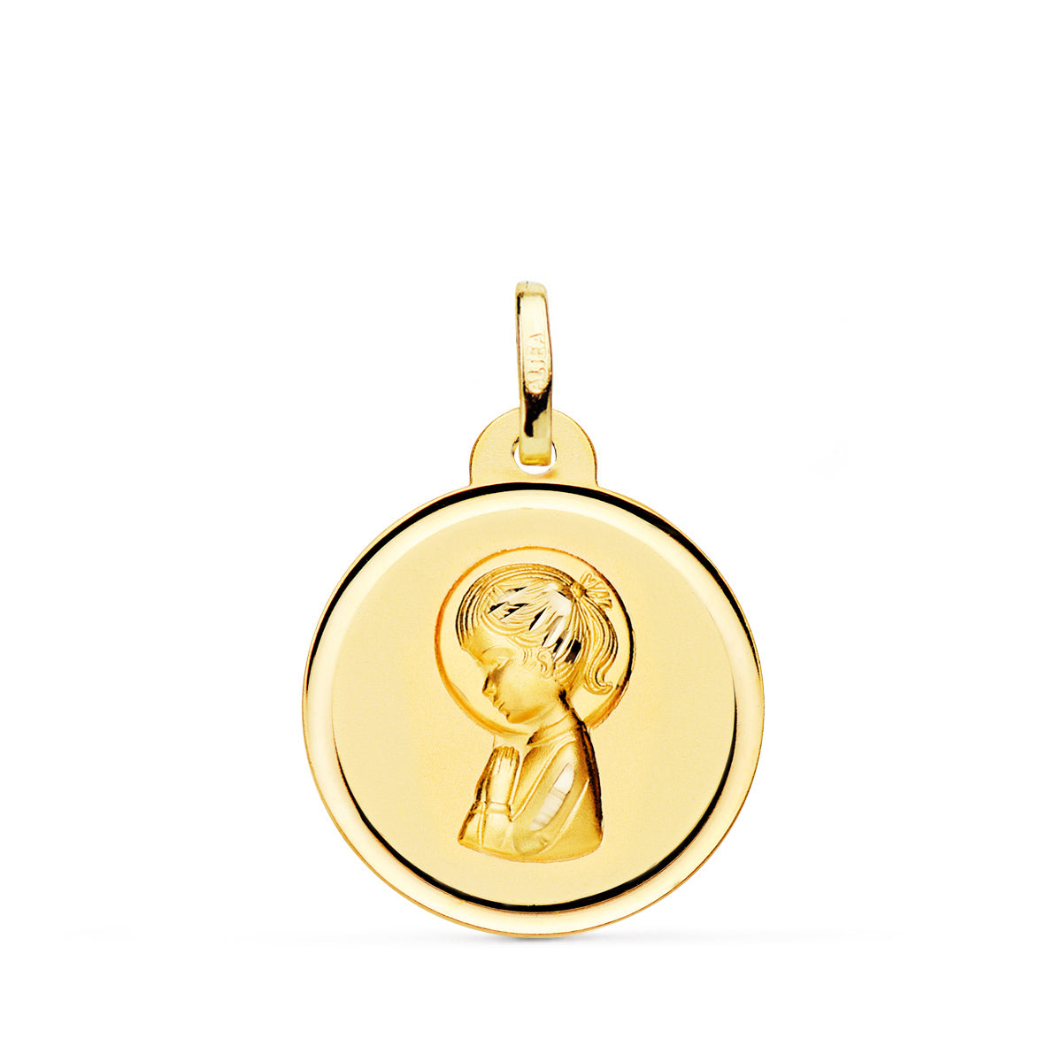 Medalla Virgen Niña Bisel 20 mm de oro amarillo 18K