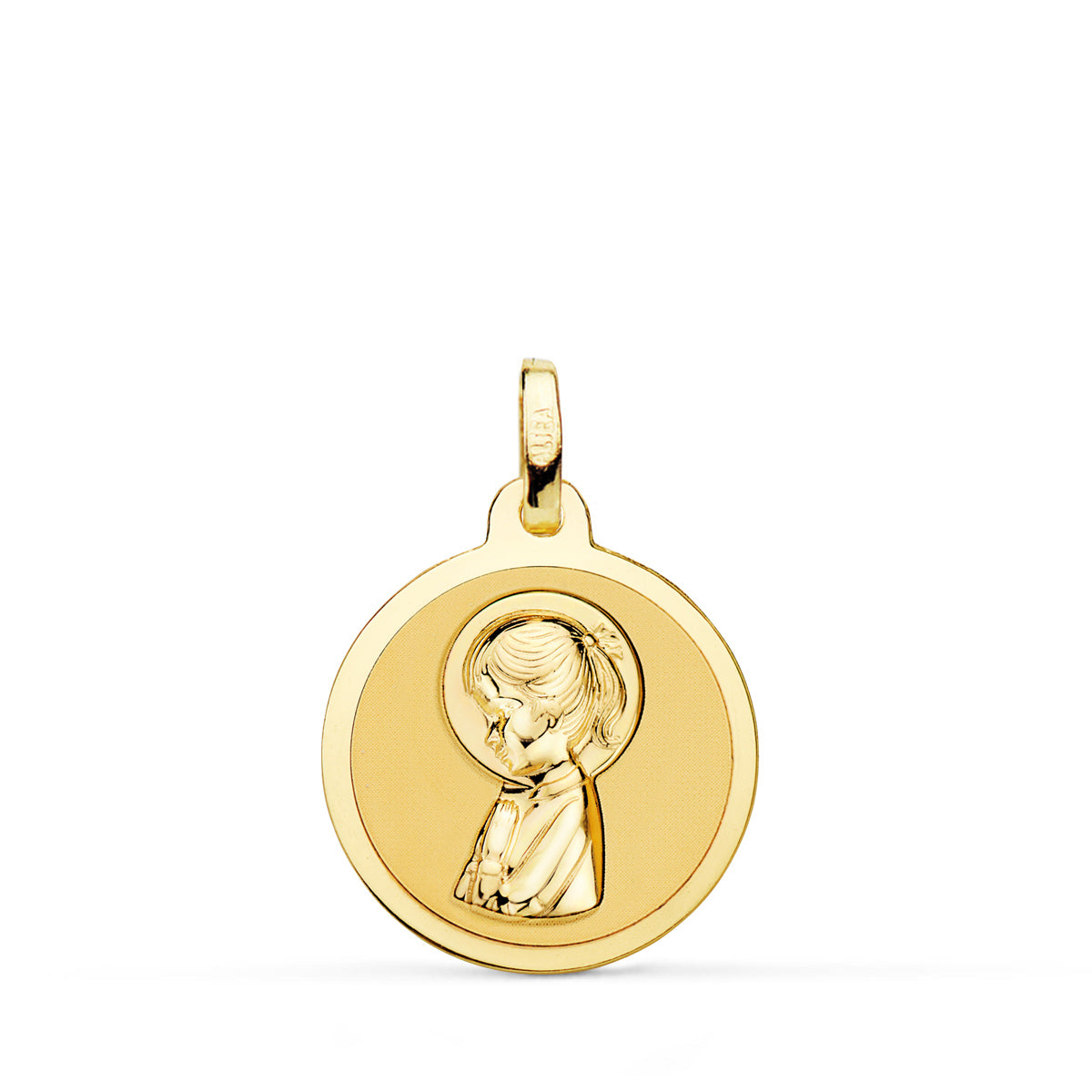 Medalla Virgen Rezando en Brillo 18 mm de oro amarillo 18K