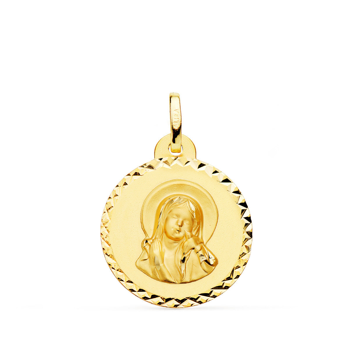 Medalla Virgen Maria y Espiritu Santo Talla Cruzada 20 mm de oro amarillo 18K