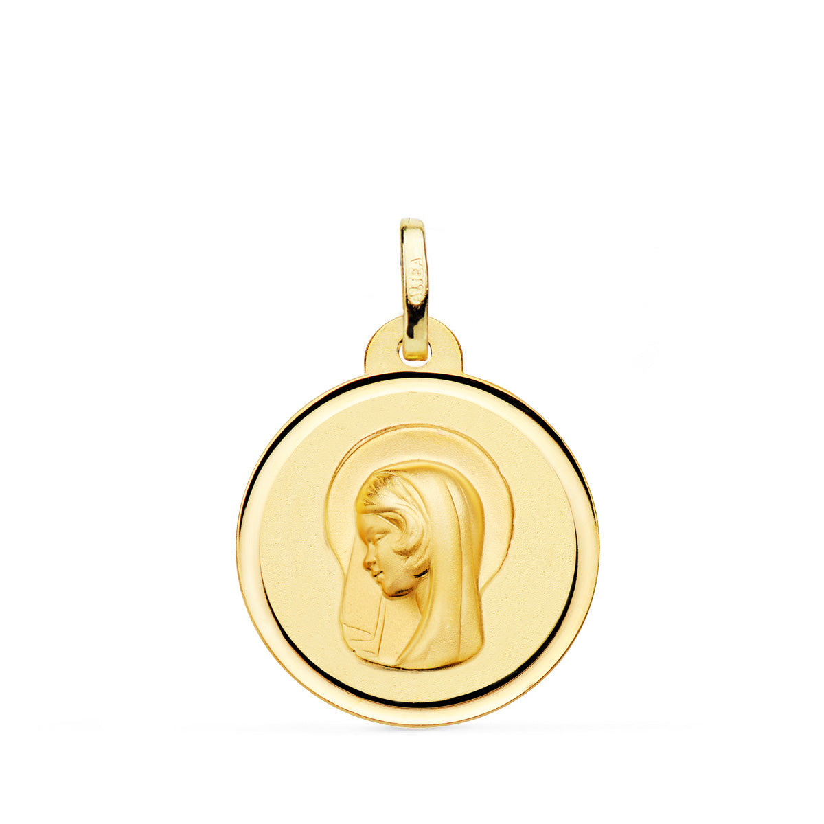 18K MEDALLA ORO AMARILLO VIRGEN MARIA ( REGINA CAELORUM ) BISEL 16 MM