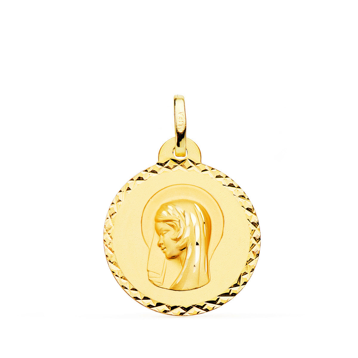 Medalla Virgen Maria ( Regina Caelorum ) Talla Cruzada 20 mm de oro amarillo 18K