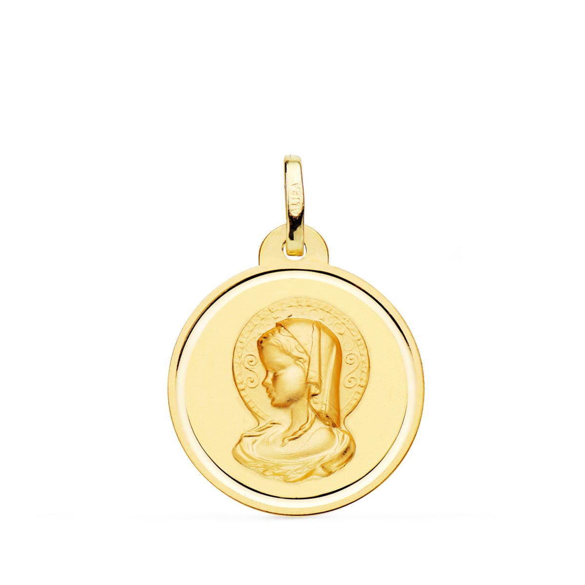 18K MEDALLA ORO AMARILLO VIRGEN MARIA ( VIRGO VIRGINIUM ) BISEL 20 MM