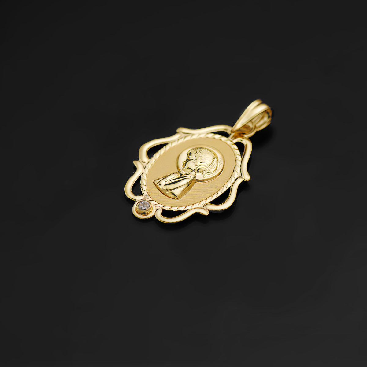18K MEDALLA ORO AMARILLO VIRGEN NIÑA CERCO CALADO BRILLO CON CIRCONITA 24X17 MM