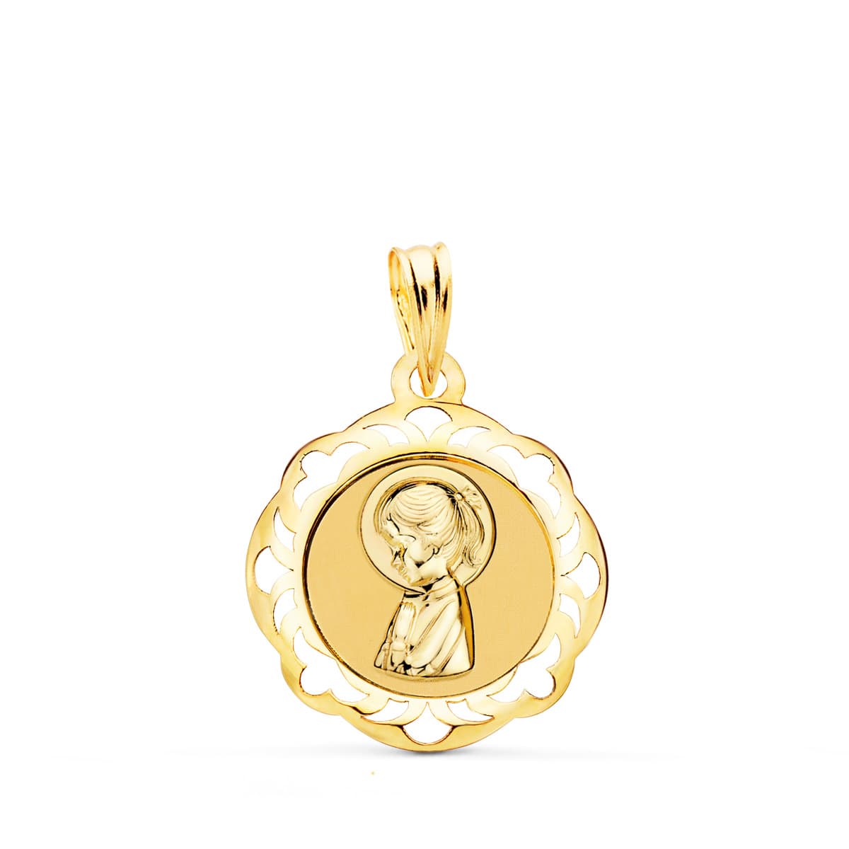 18K MEDALLA ORO AMARILLO VIRGEN NIÑA CERCO CALADO EN BRILLO 20X18 MM