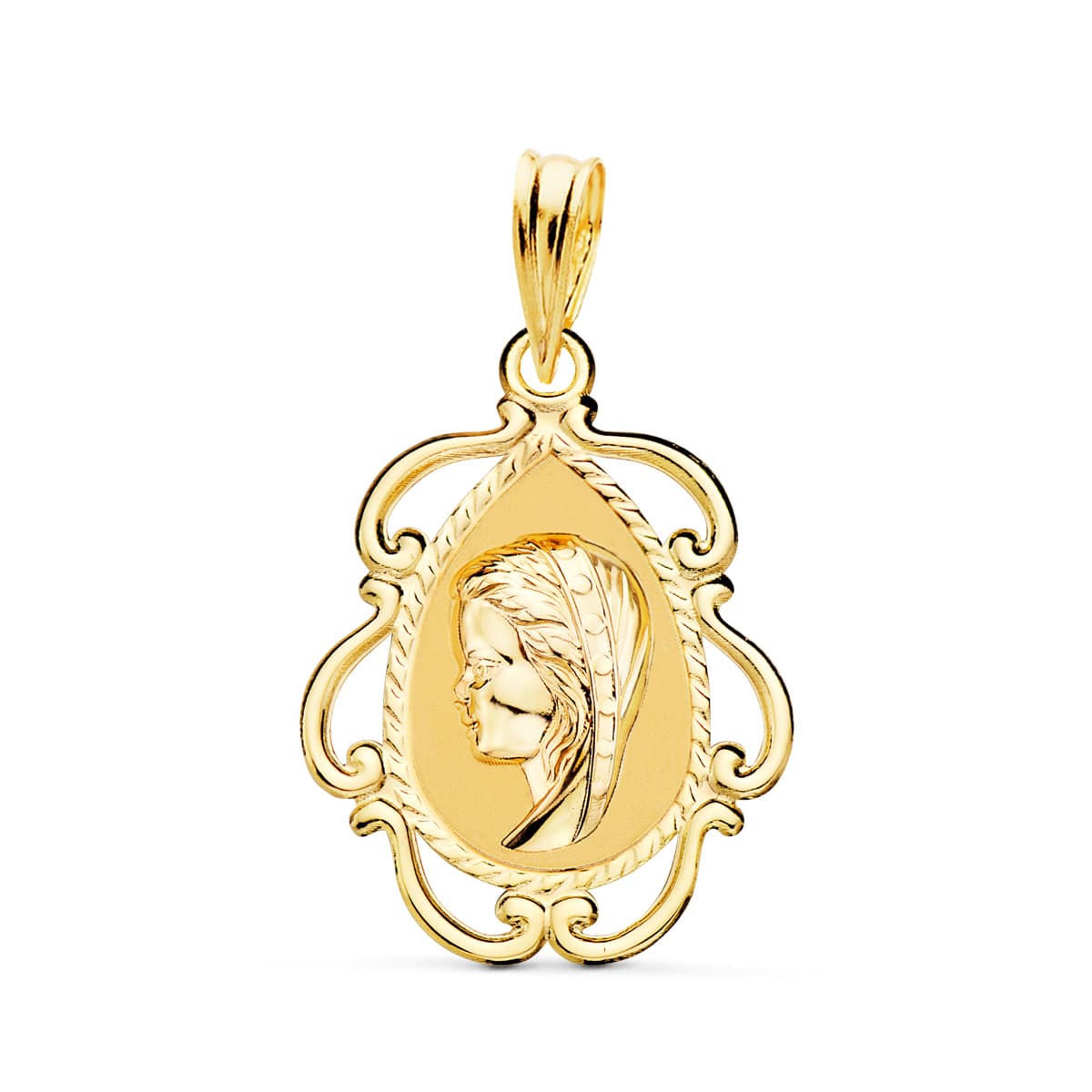 Medalla Virgen Niña Cerco Calado en Brillo . 22 x 16 mm de oro amarillo 18K