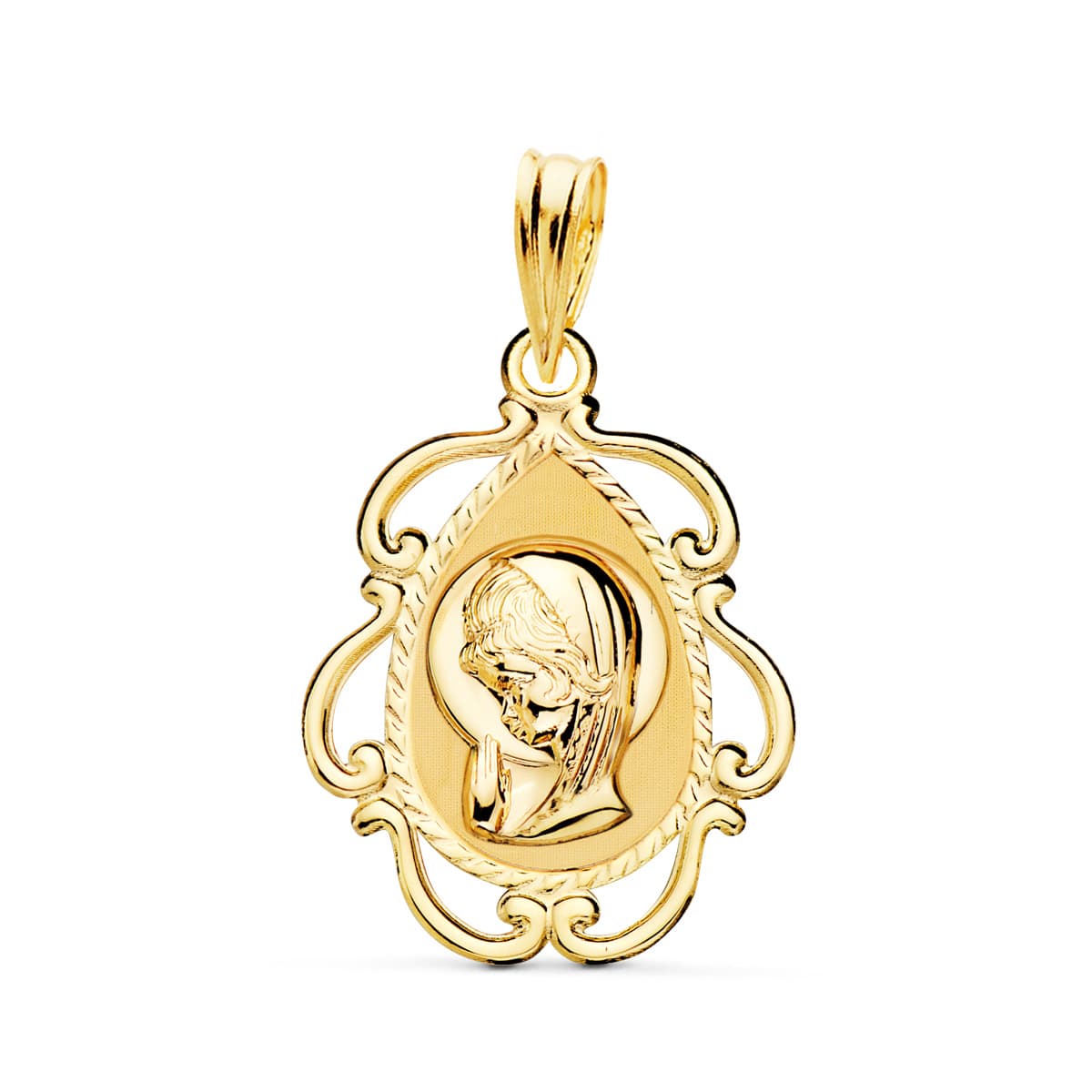 Medalla Virgen Niña Cerco Calado en Brillo . 22 x 16 mm de oro amarillo 18K