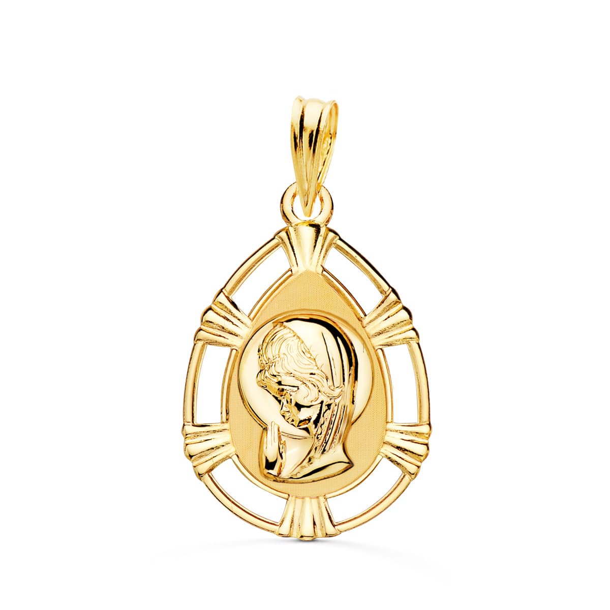 18K MEDALLA ORO AMARILLO VIRGEN NIÑA CERCO CALADO BRILLO FORMA GOTA 23X15 MM