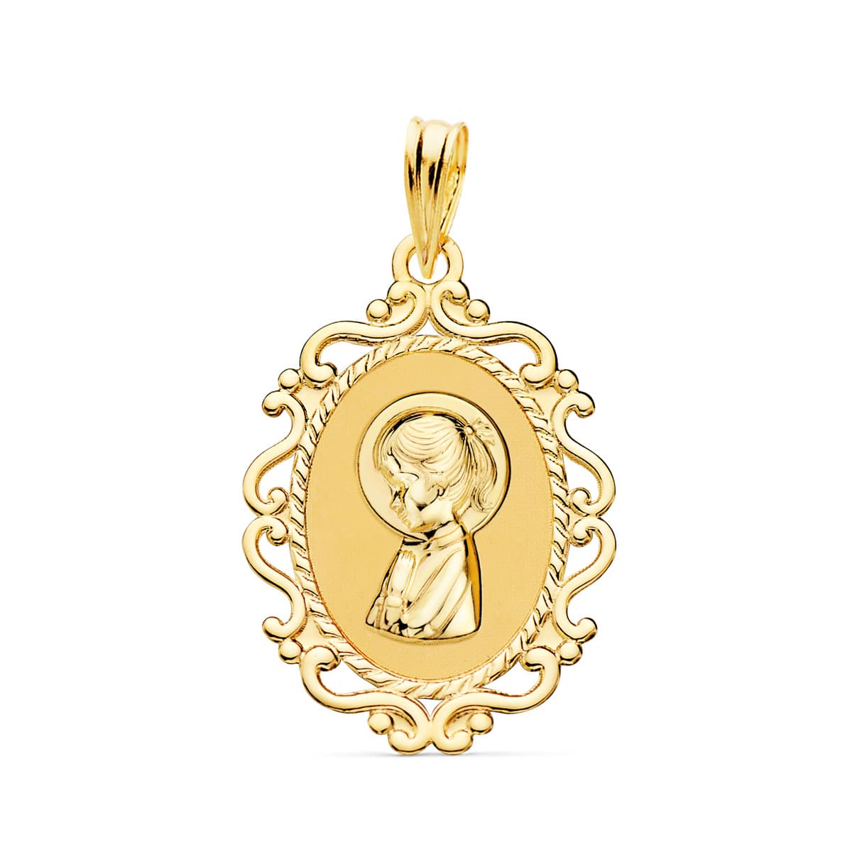 18K MEDALLA ORO AMARILLO VIRGEN NIÑA PERFIL CERCO CALADO BRILLO 23X16 MM