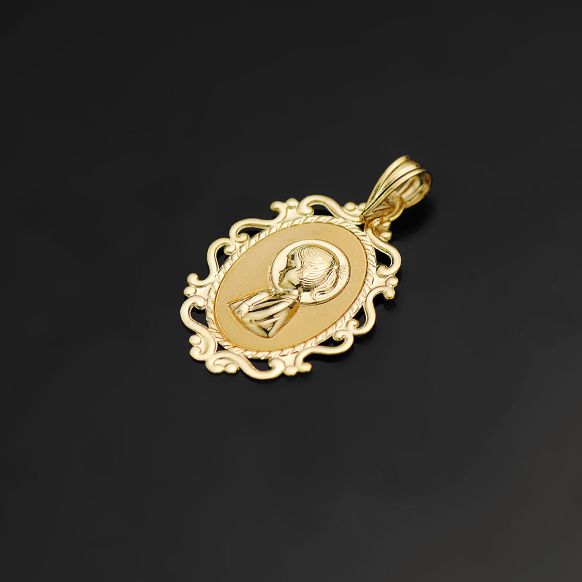 18K MEDALLA ORO AMARILLO VIRGEN NIÑA PERFIL CERCO CALADO BRILLO 23X16 MM