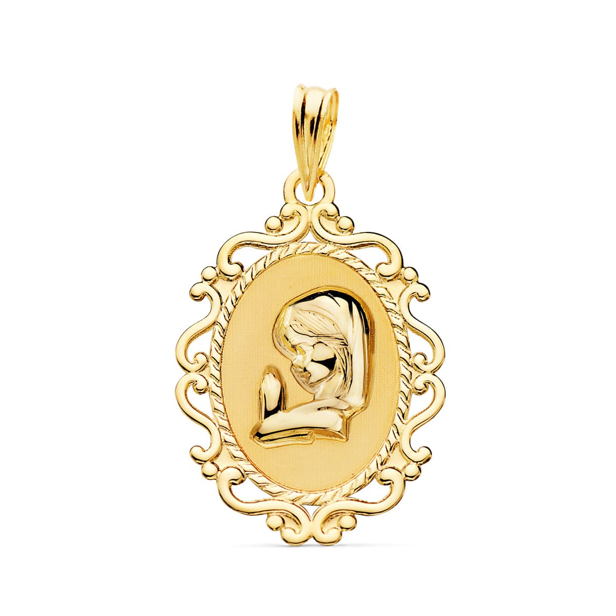 Medalla Virgen Niña Perfil Cerco Calado Brillo. 23 x 16 mm de oro amarillo 18K