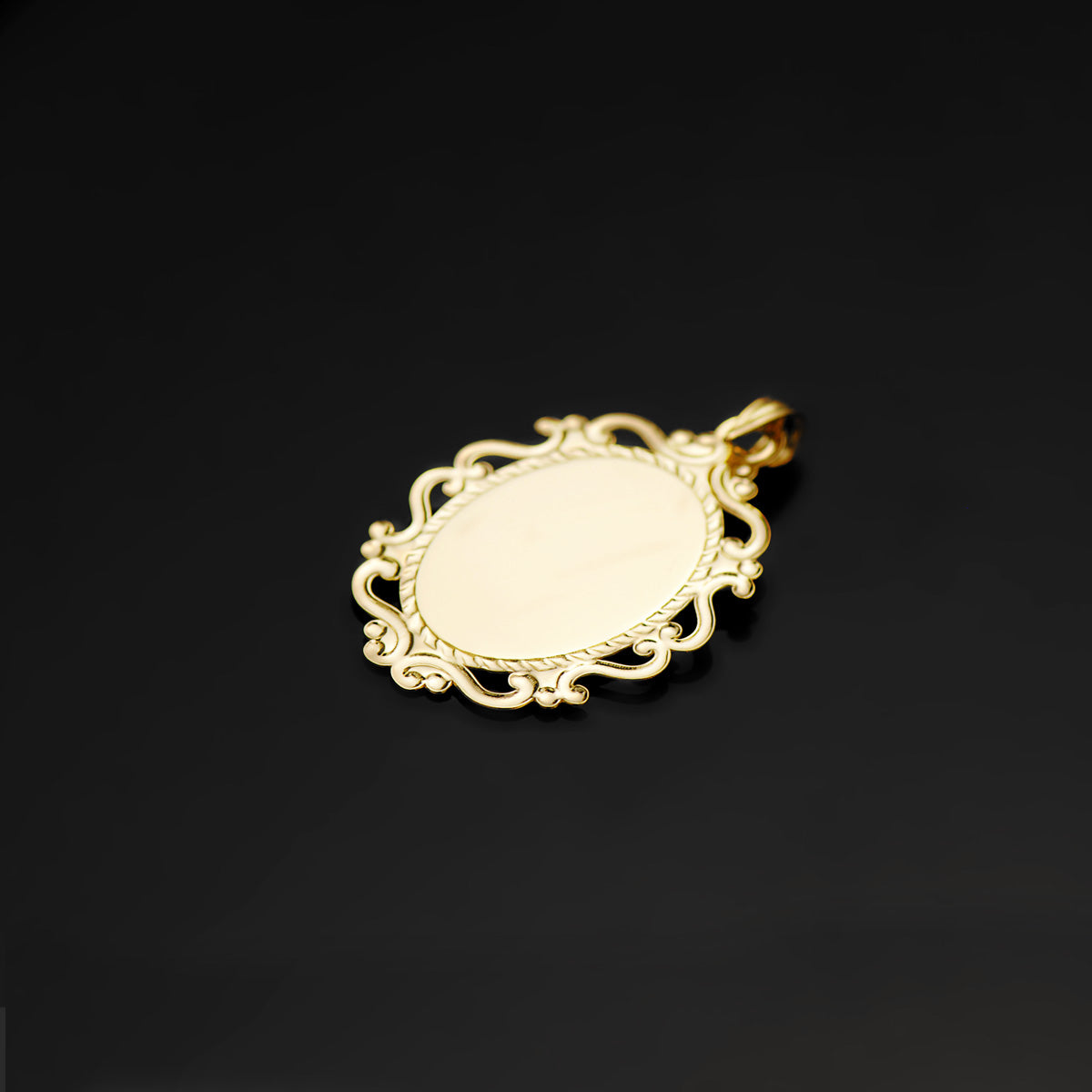 18K MEDALLA ORO AMARILLO VIRGEN NIÑA PERFIL ESMALTE BLANCO Y CERCO CALADO BRILLO 23X16 MM