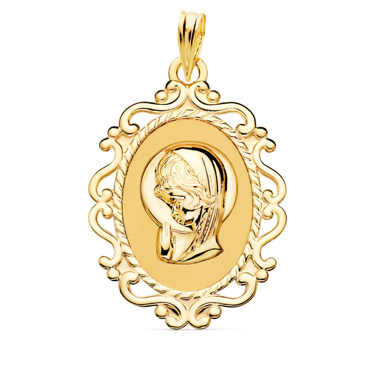 18K MEDALLA ORO AMARILLO VIRGEN NIÑA CERCO CALADO EN BRILLO 31X21 MM