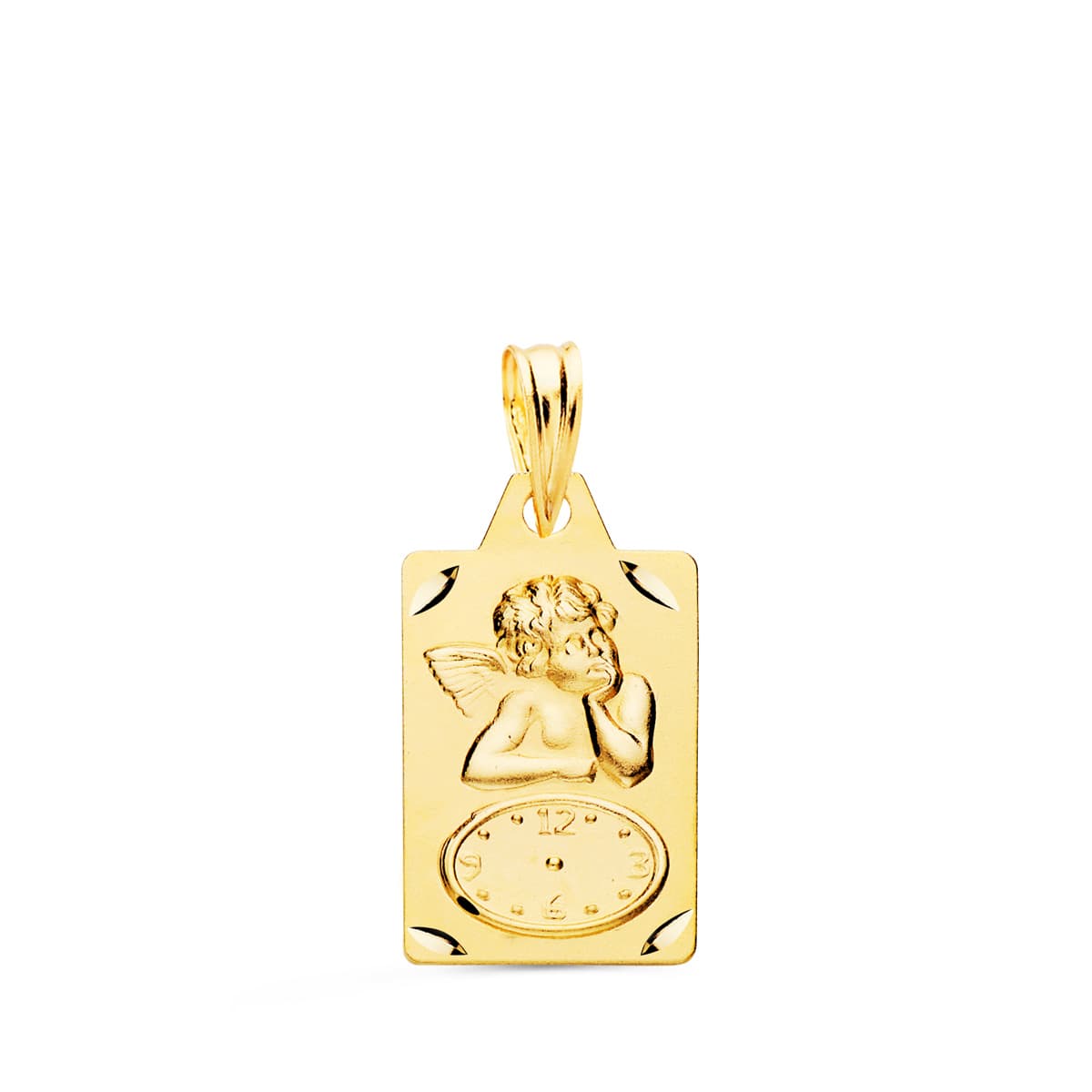 18K MEDALLA ORO AMARILLO RECTANGULO ANGELITO BURLON CON RELOJ TALLADA 19X11 MM
