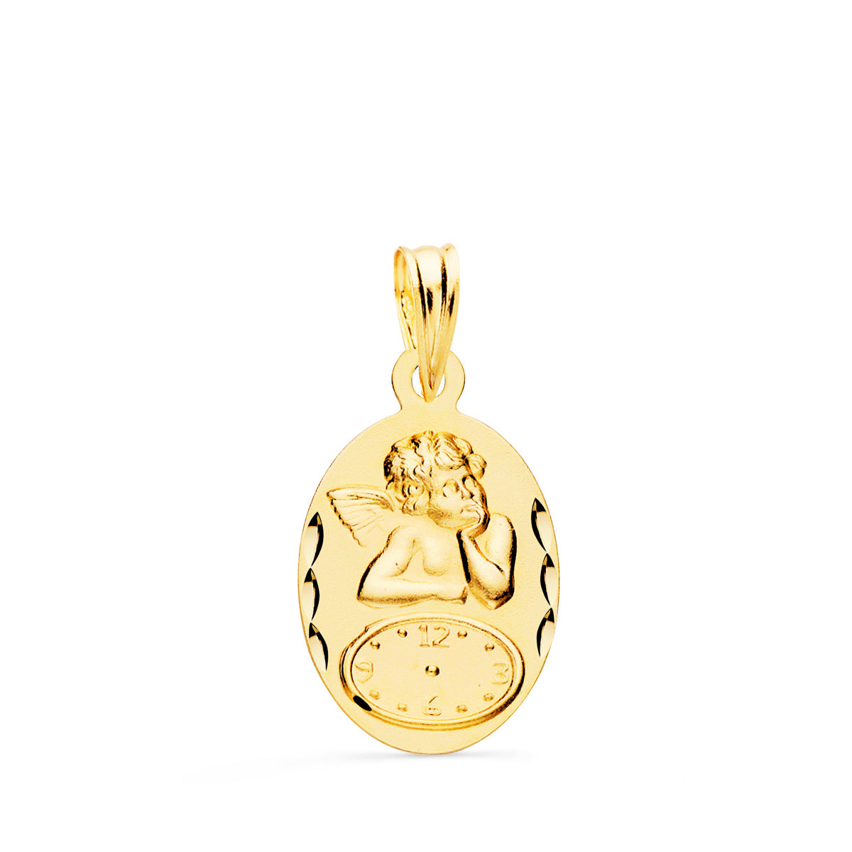 9K MEDALLA ORO AMARILLO OVAL ANGELITO BURLON CON RELOJ TALLADA 19X12 MM