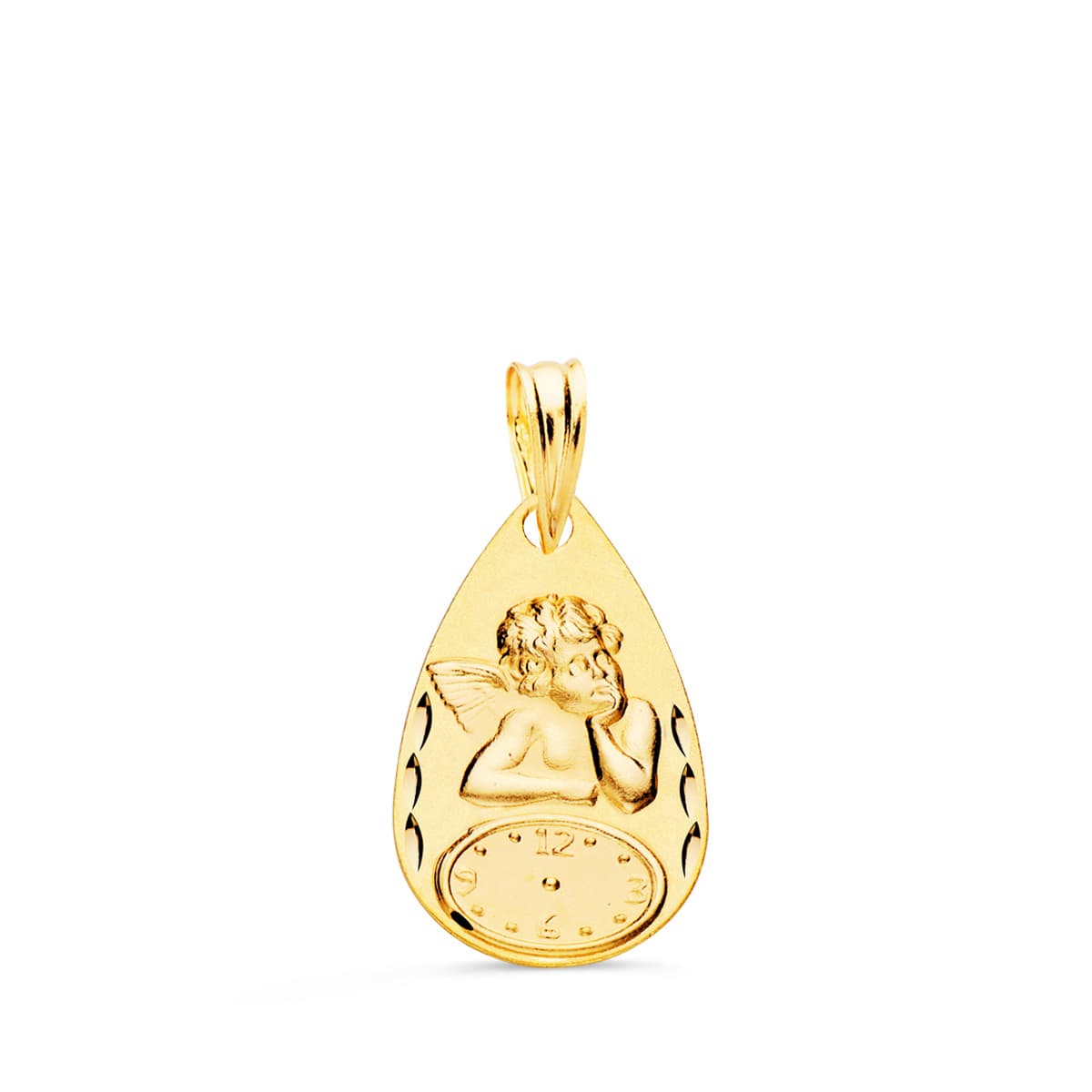 9K MEDALLA ORO AMARILLO GOTA ANGELITO BURLON CON RELOJ TALLADA 19X11 MM