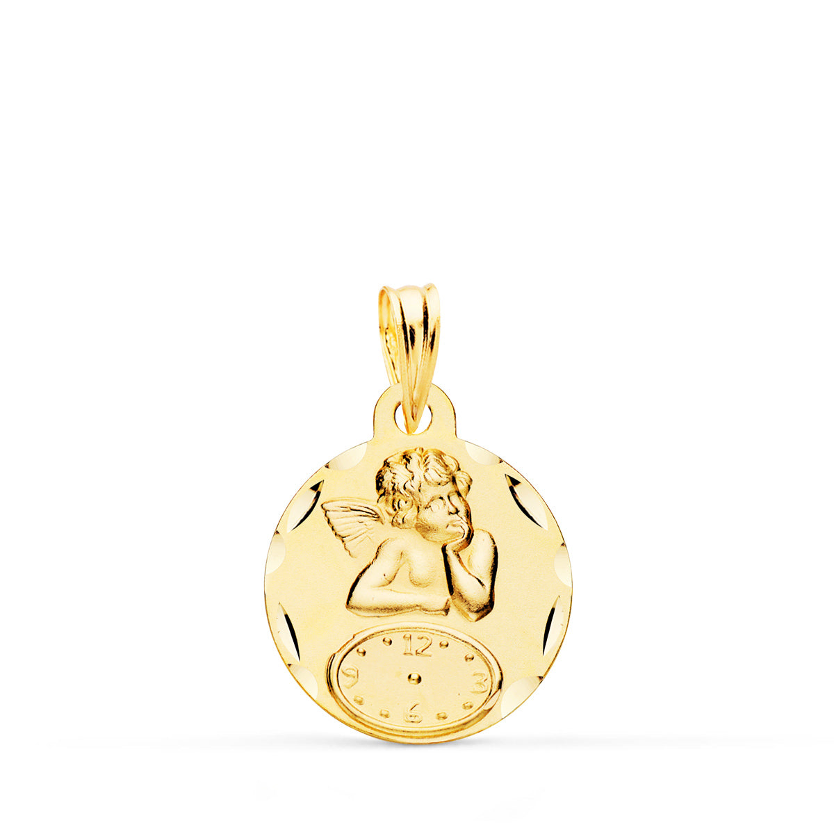 Medalla Redonda Angelito Burlon con Reloj Tallada 15 mm de oro amarillo 9K