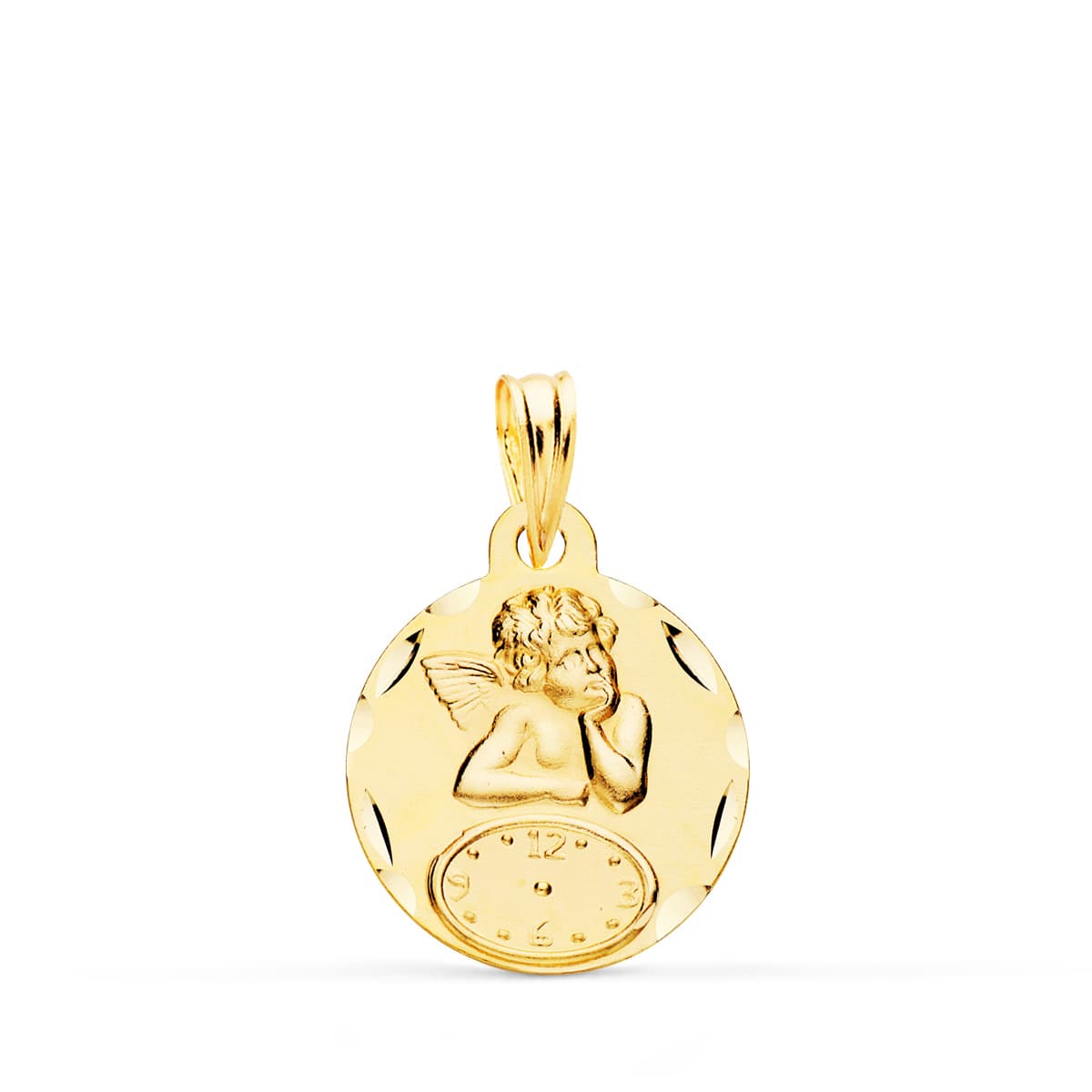 9K MEDALLA ORO AMARILLO REDONDA ANGELITO BURLON CON RELOJ TALLADA 15 MM