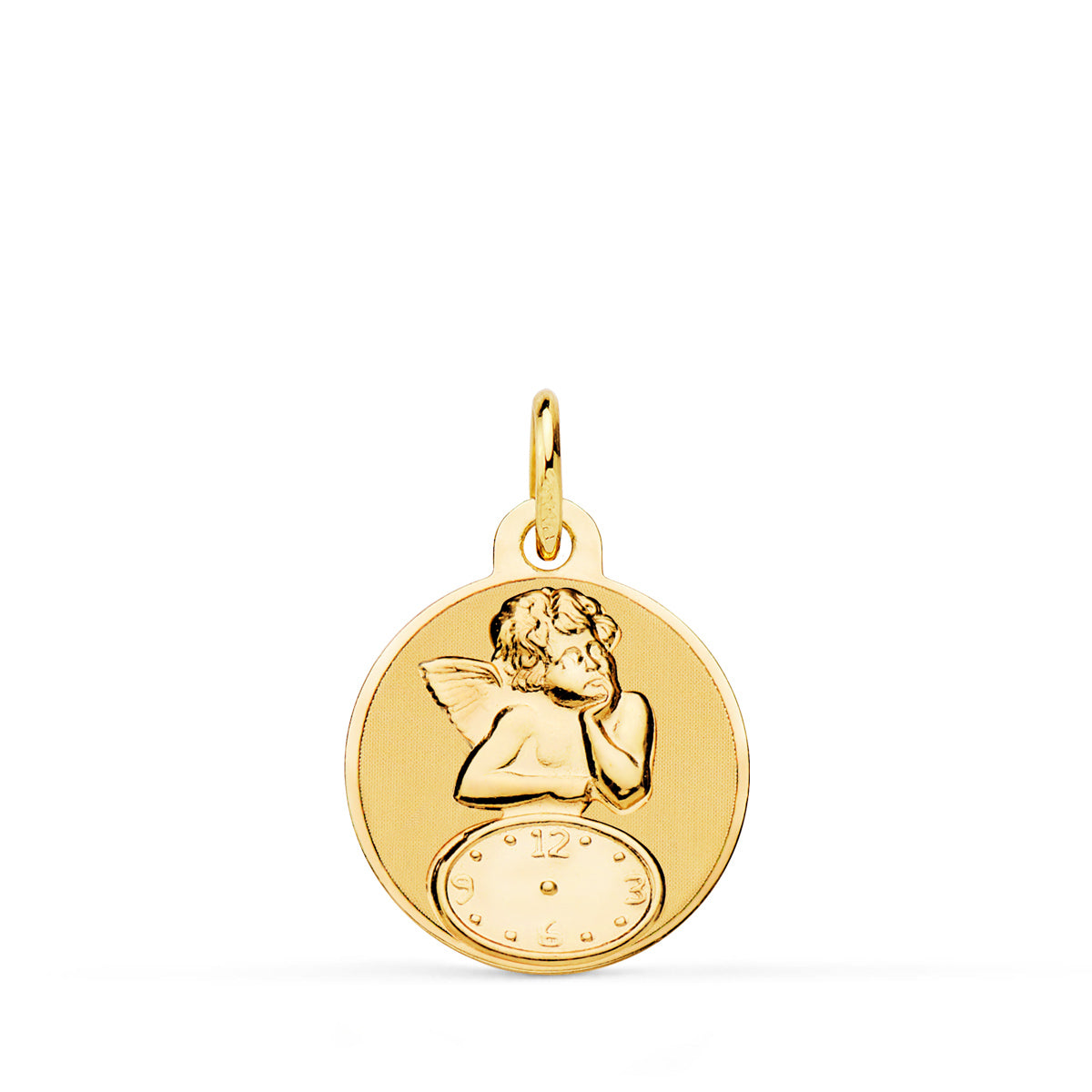 Medalla Redonda Angelito Burlon con Reloj Brillo y Mate 15 mm de oro amarillo 9K