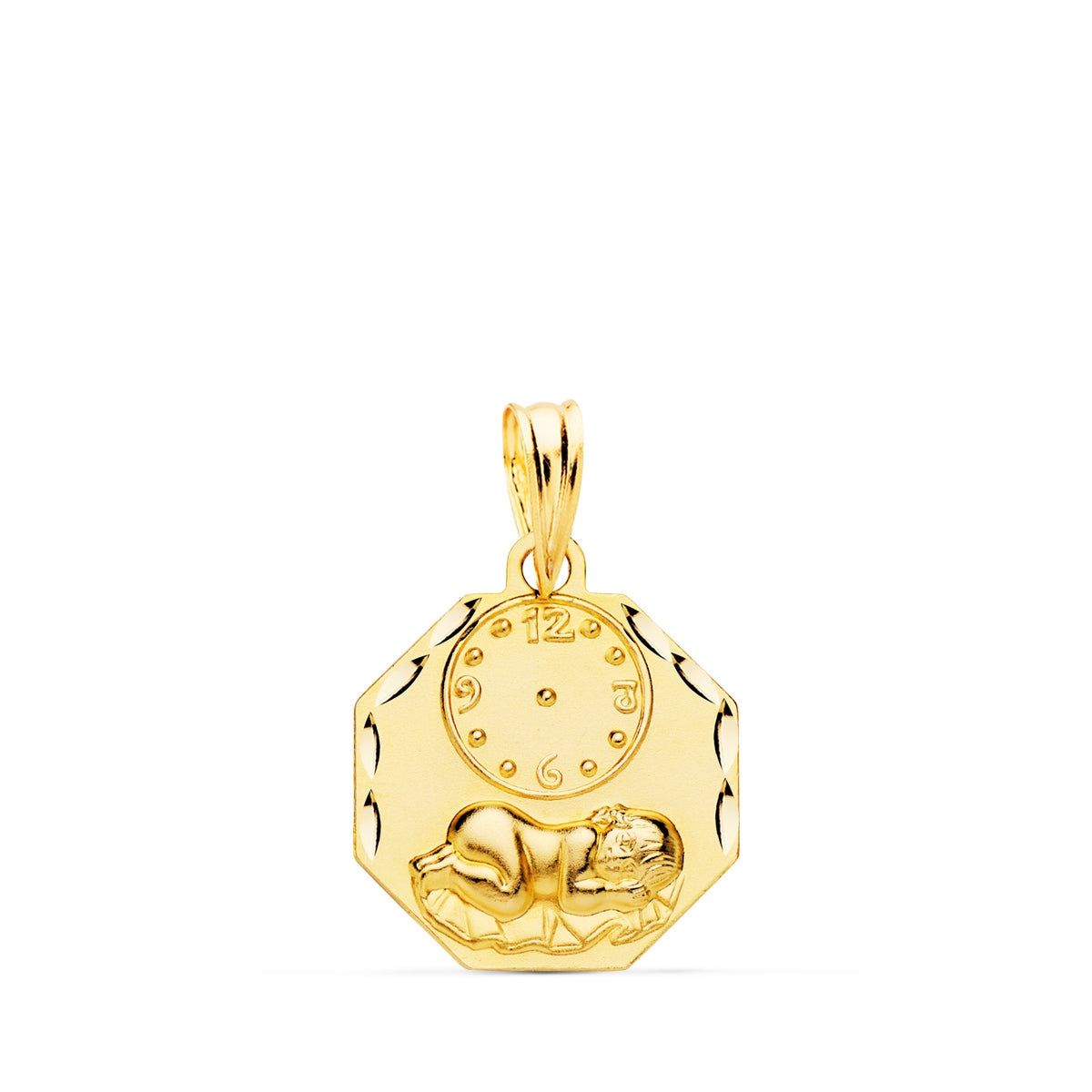 Medalla Octogonal Niño de la Hora con Reloj Tallada 15 x 15 mm de oro amarillo 18K