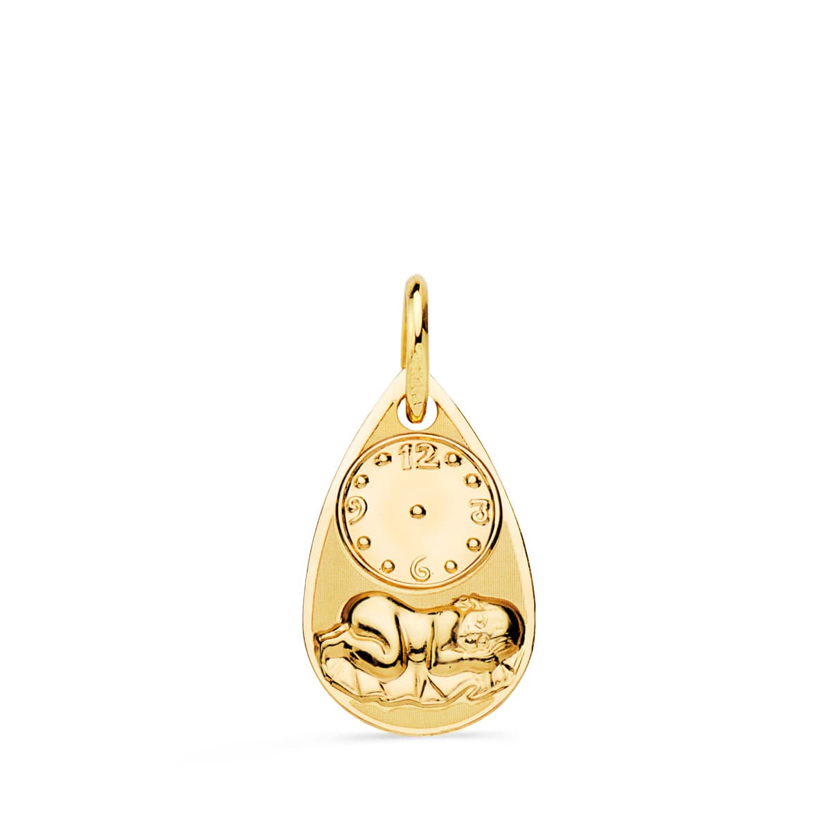 18K MEDALLA ORO AMARILLO GOTA NIÑO DE LA HORA CON RELOJ BRILLO Y MATE 19X11 MM