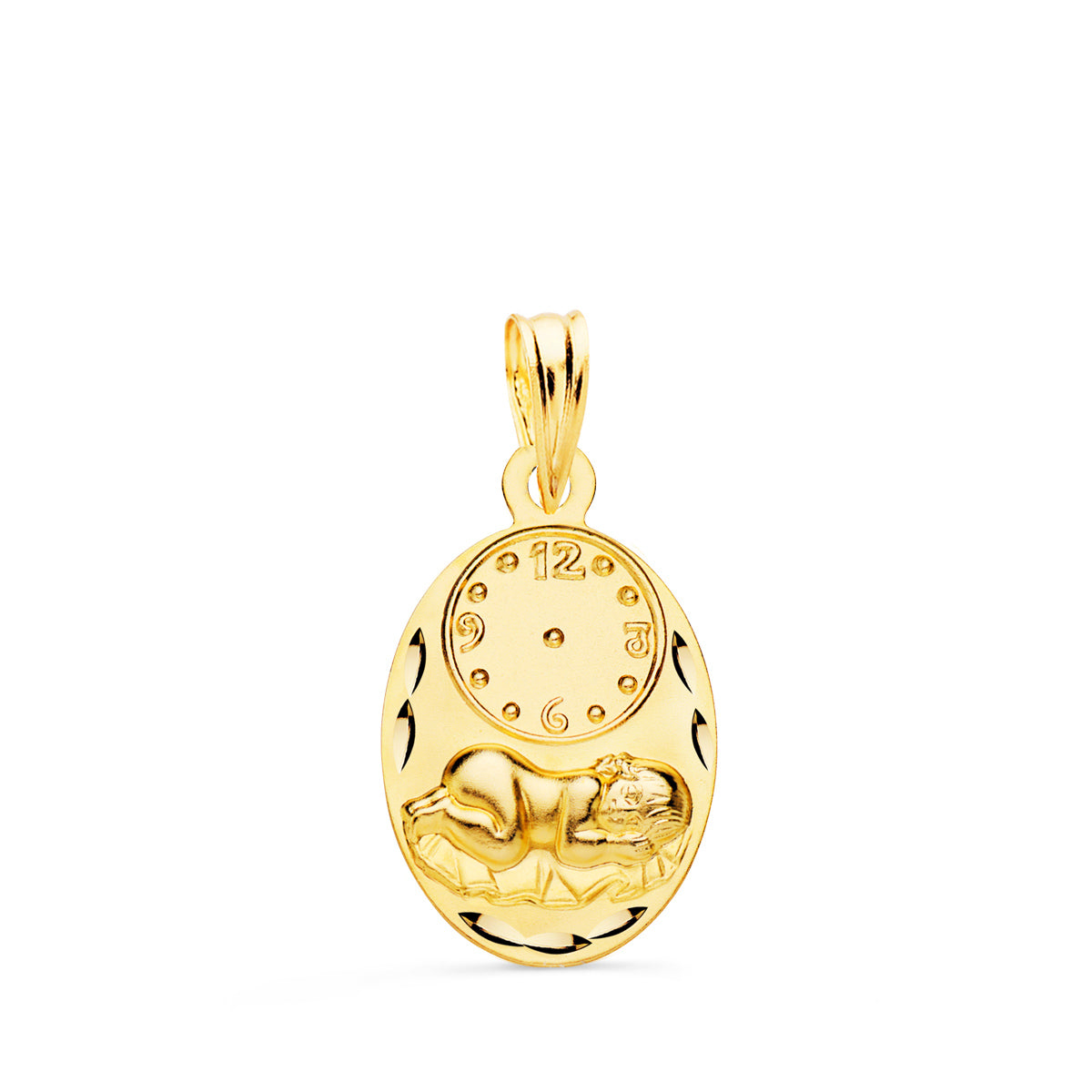 Medalla Oval Niño de la Hora con Reloj Tallada 19 x 12 mm de oro amarillo 18K