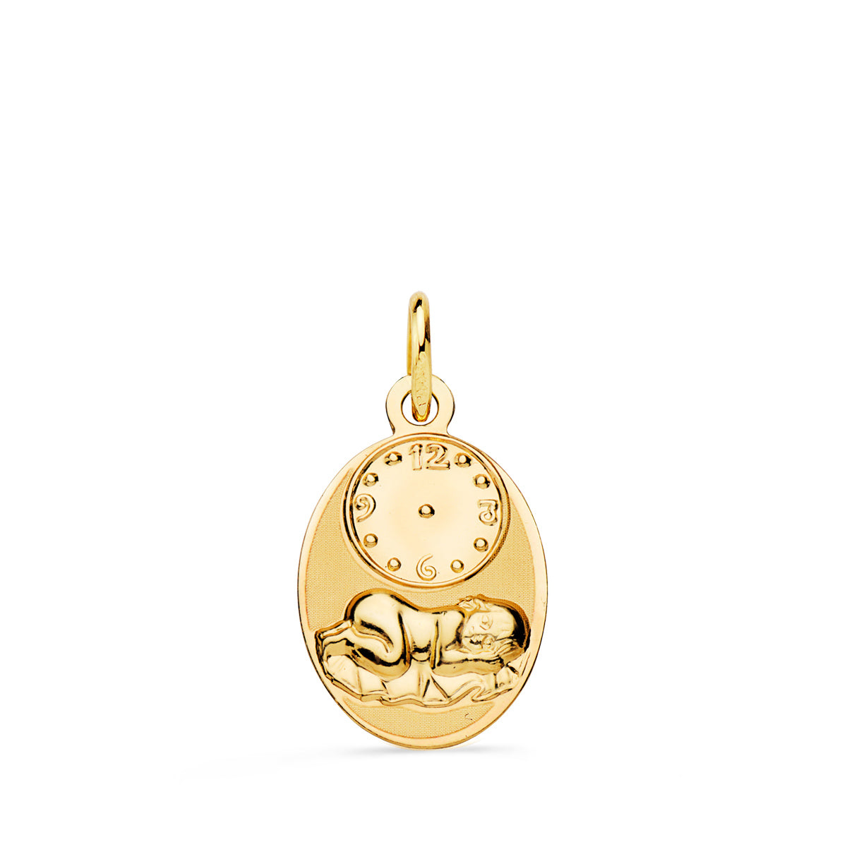 Medalla Oval Niño de la Hora con Reloj Brillo y Mate 19 x 12 mm de oro amarillo 18K