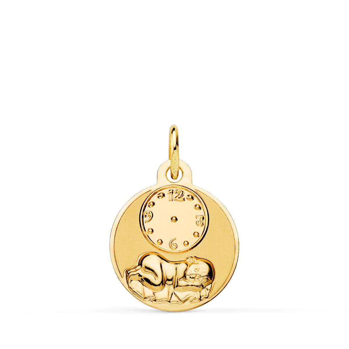 9K MEDALLA ORO AMARILLO REDONDA NIÑO DE LA HORA CON RELOJ BRILLO Y MATE 15 MM