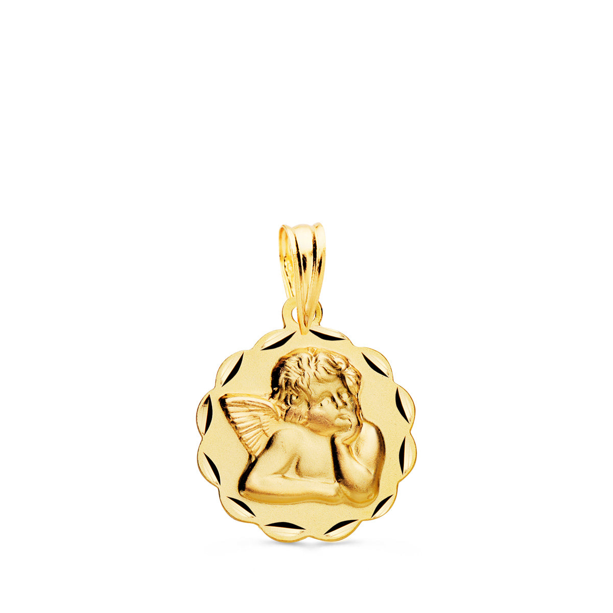 Medalla Angelito Burlon Arcos Tallada 14 mm de oro amarillo 18K