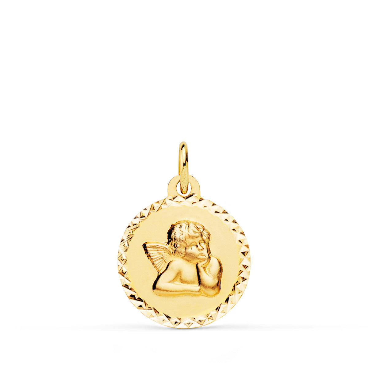 Medalla Angelito Burlon Cerco Tallado 16 mm de oro amarillo 18K