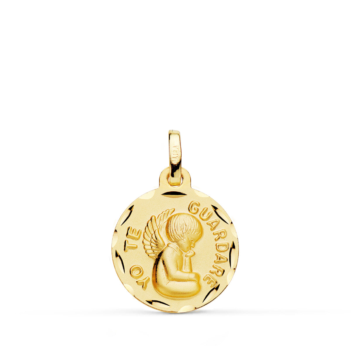 Medalla Tallada Angel " Yo Te Guardare " 16 mm de oro amarillo 18K