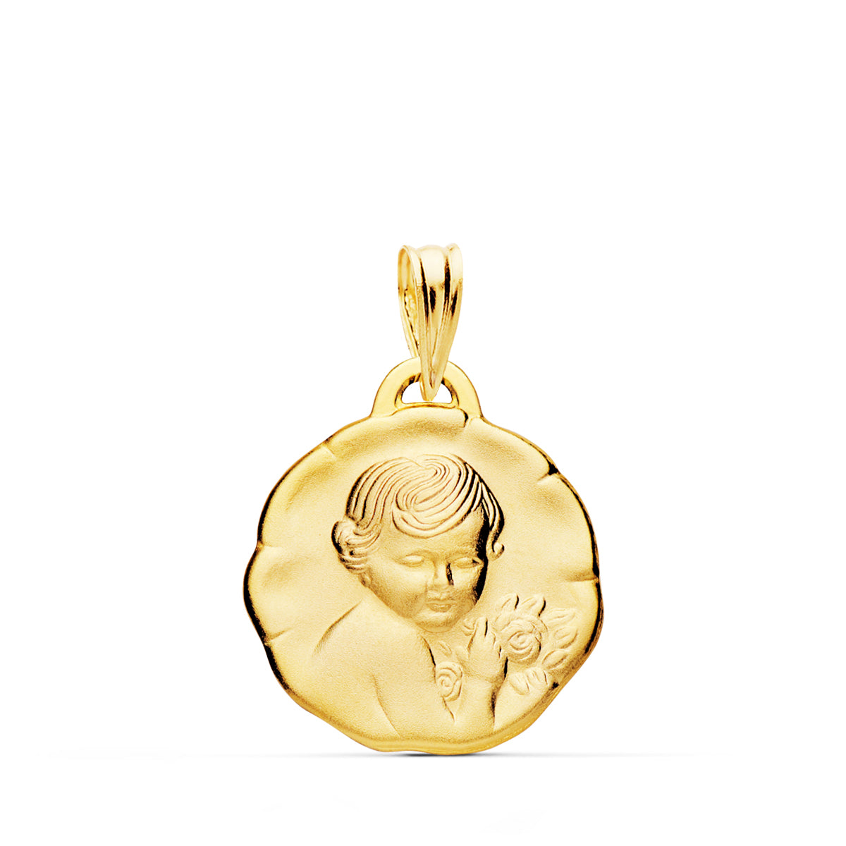 Medalla Angel Niño de la Flor 17 mm de oro amarillo 18K