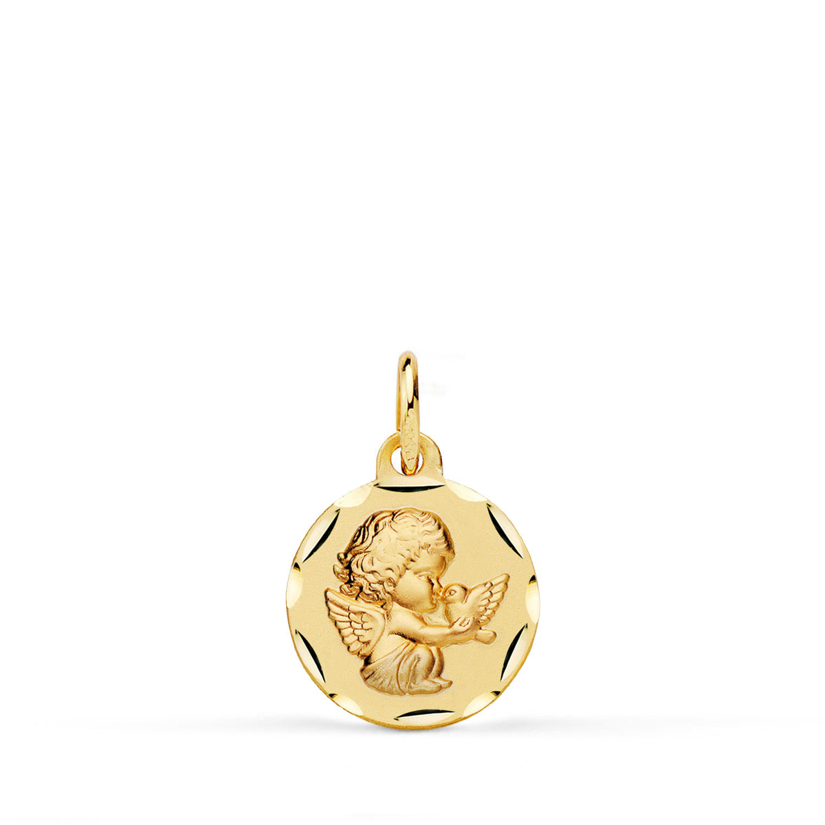 Medalla Angel Niño Burlon y Paloma Tallada 12 mm de oro amarillo 18K