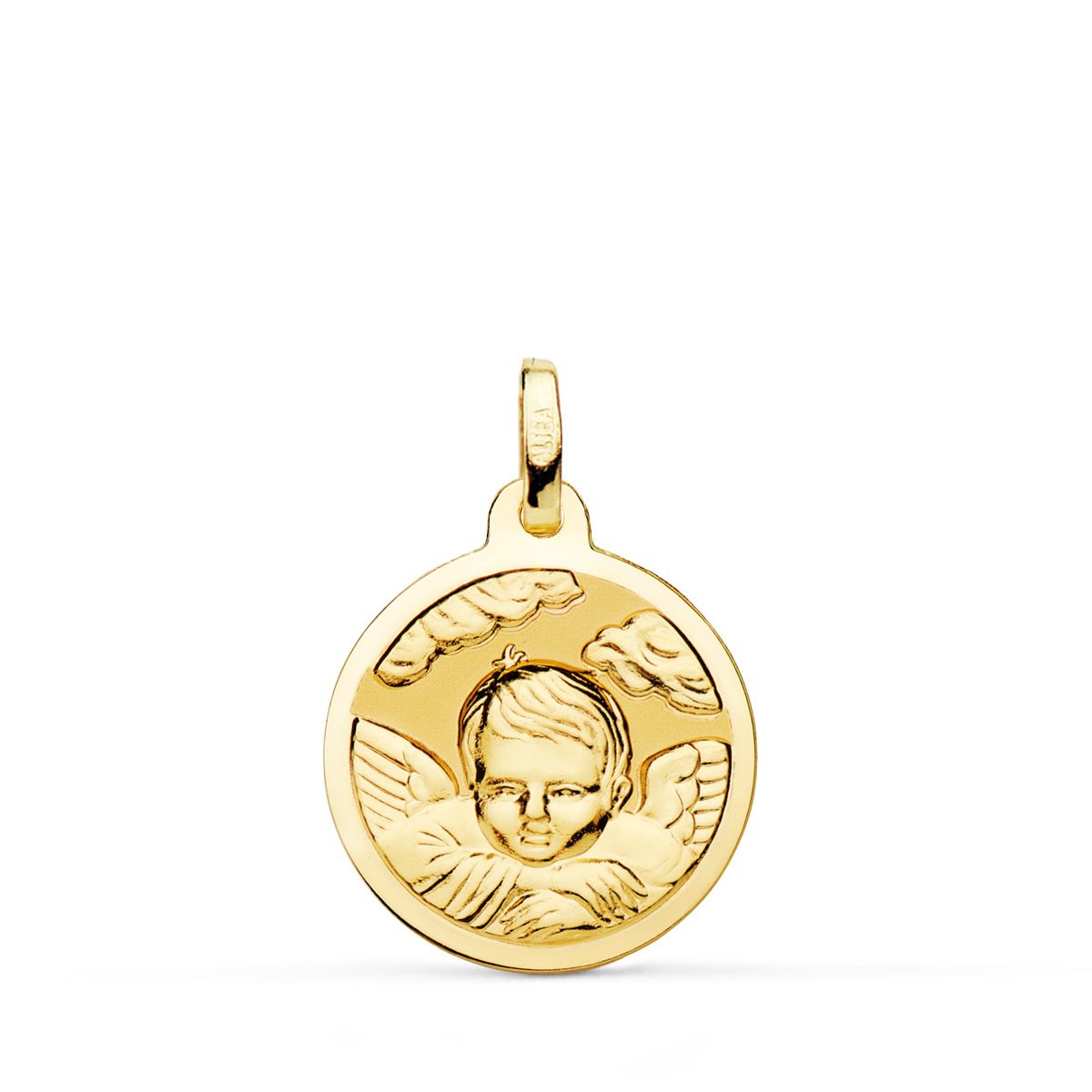 18K MEDALLA ORO AMARILLO ANGEL NIÑO EN LA NUBE BRILLO 18 MM