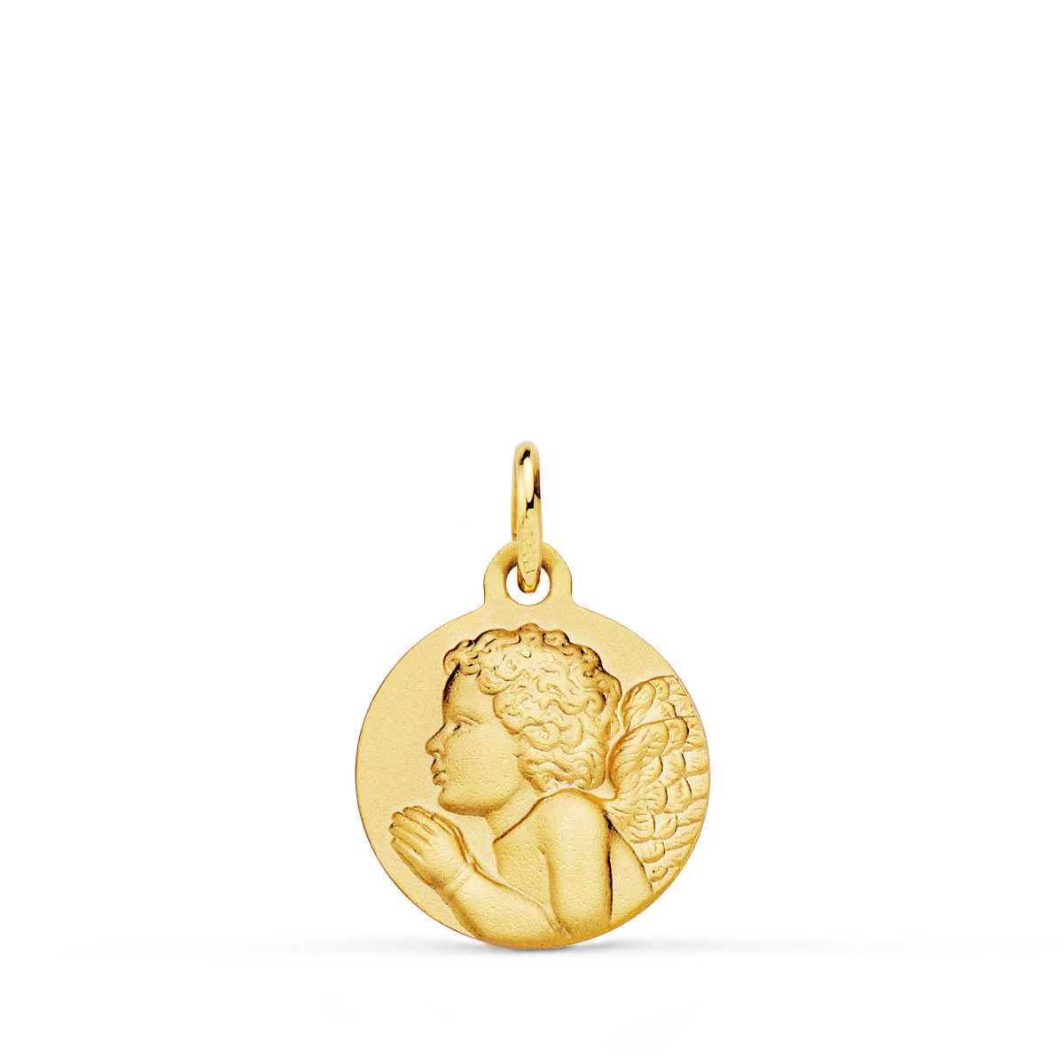 Medalla Angel Niño Piadoso Rezando Matizado. 14 mm de oro amarillo 18K