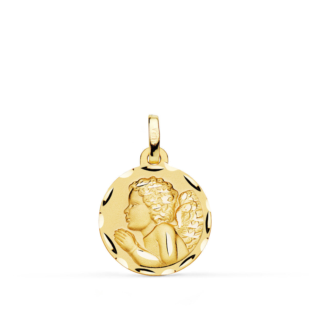 Medalla Angel " Niño Piadoso " Rezando Tallado 16 mm de oro amarillo 18K